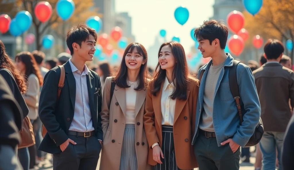 A group of fashionably dressed Japanese male and female college students are looking into the distance with cheerful expressions at the fountain square,Excited, Photo of your face, Blue and red balloons floating in the background, with a natural look, With a slightly tired look, tilt your face a little, Diagonal orientation, Average face