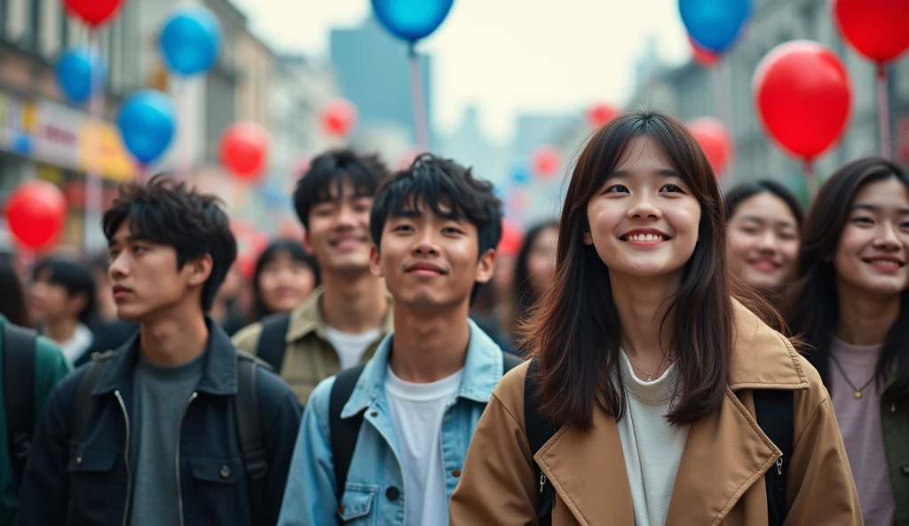 A group of fashionably dressed Japanese male and female college students are looking into the distance with cheerful expressions at the fountain square,Excited, Photo of your face, Blue and red balloons floating in the background, with a natural look, With a slightly tired look, tilt your face a little, Diagonal orientation, Average face