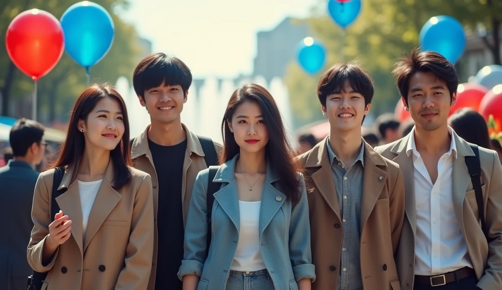 A group of fashionably dressed Japanese male and female college students are looking into the distance with cheerful expressions at the fountain square,Excited, Photo of your face, Blue and red balloons floating in the background, with a natural look, With a slightly tired look, tilt your face a little, Diagonal orientation, Average face