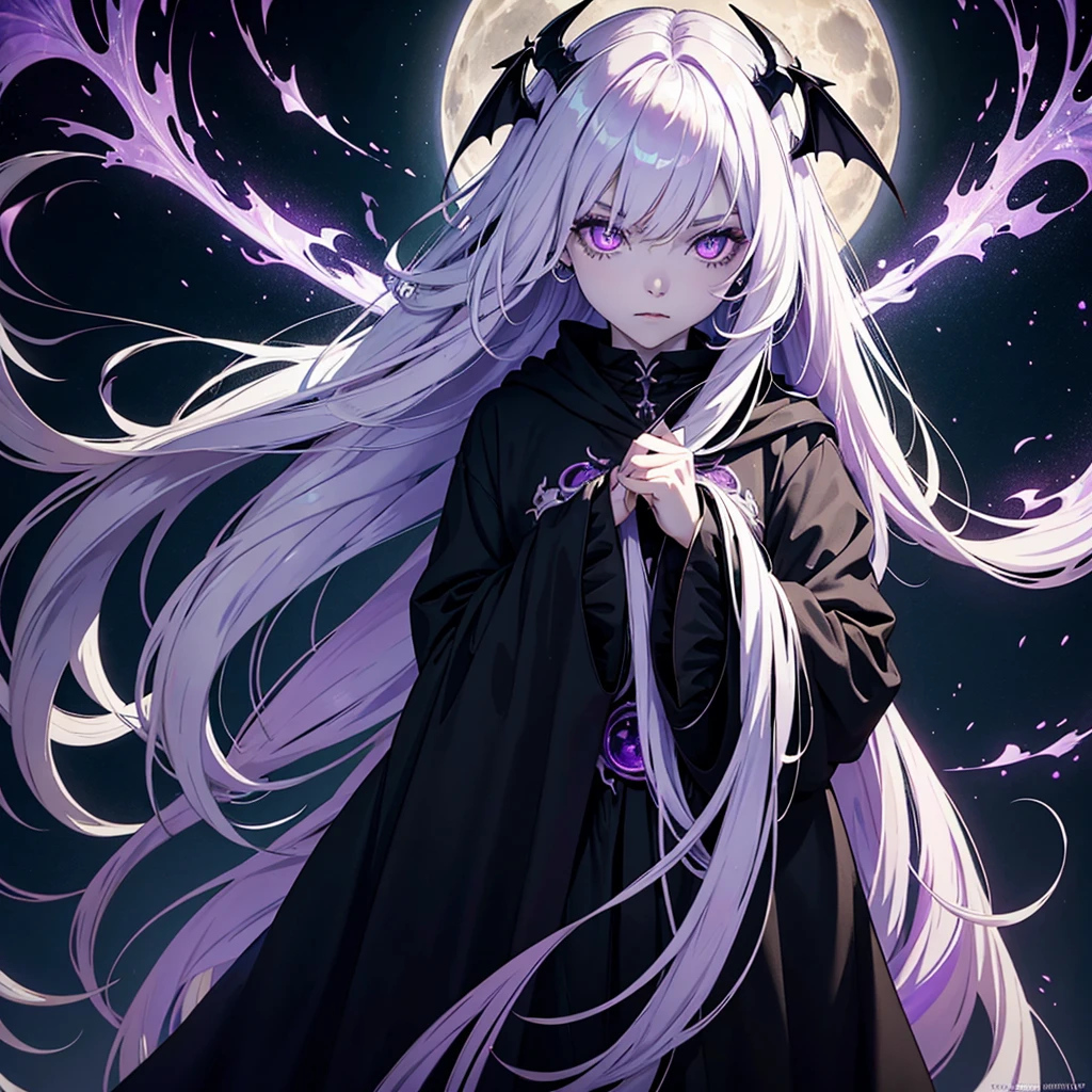 Demon girl with pale white skin, purple crystalline eyes, long white hair with purple highlights, she has demon fangs and is sneering, there are two small spherical objects behind her and they have bat wings and crystalline irises, The girl is wearing a black cloak that covers her body with a black hood over her head, her hair is coming out of the hood, The camera is looking up at her face, the full moon is behind her, it is a dark and clear night