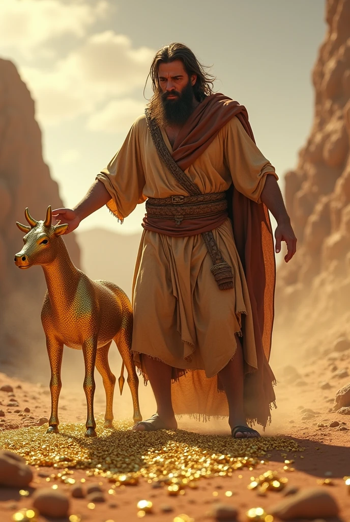 (photorealism:1.2), Moses destroying the gold calf in the desert