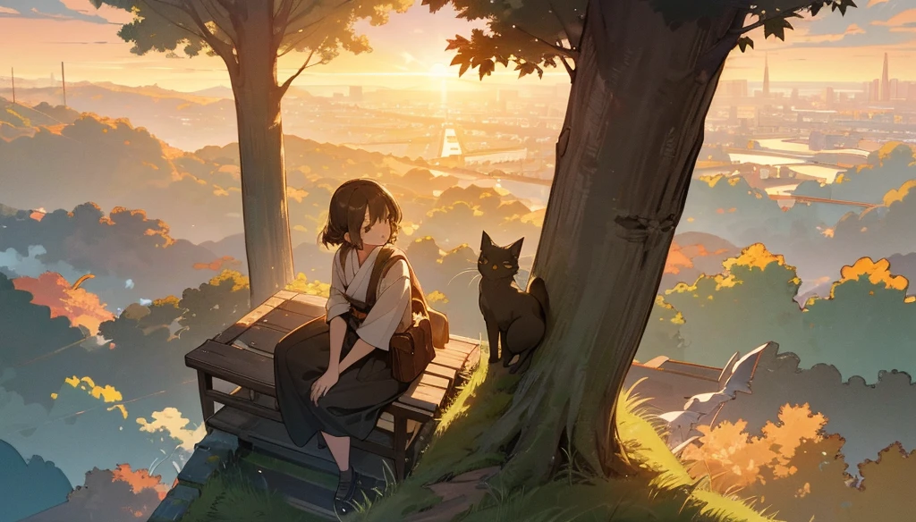 ((detailed anime style masterpiece)), sunset, Japanese city, a top view to a Ghibli style low detailed sweet cat sitting on a bench in a park, people walking around, beautiful evening atmosphere, beautiful trees and grass, detailed pleasant clouds, several birds in the air, also leaves falling from trees, (best quality,4k,8k,highres,masterpiece:1.2), detailed grass, detailed clouds, detailed birds, detailed falling leaves, muted colors, warm lighting, golden hour