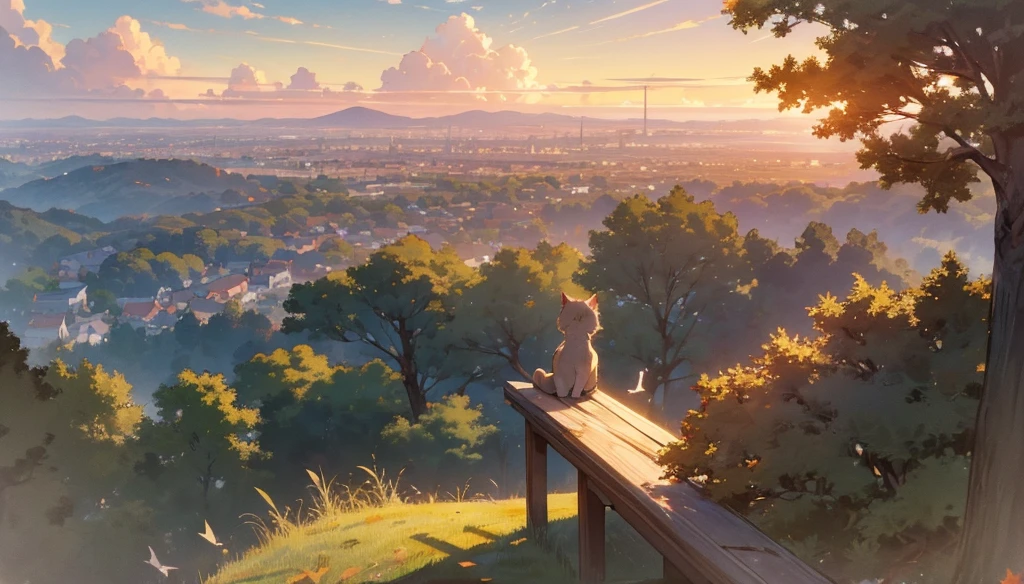 ((detailed anime style masterpiece)), sunset, Japanese city, a top view to a Ghibli style low detailed sweet cat sitting on a bench in a park, people walking around, beautiful evening atmosphere, beautiful trees and grass, detailed pleasant clouds, several birds in the air, also leaves falling from trees, (best quality,4k,8k,highres,masterpiece:1.2), detailed grass, detailed clouds, detailed birds, detailed falling leaves, muted colors, warm lighting, golden hour