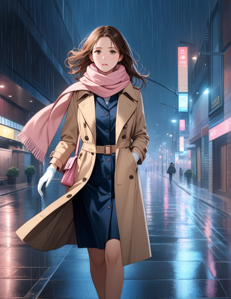 Masterpiece, hd, 1girl with long brown hair wearing a fully buttoned up closed and beige belted buckle knee-length trench coat with a tucked up large pink winter wool scarf and white gloves carrying her large pink purse blown by the hard wind at the hard rainy night city street full body 8k)