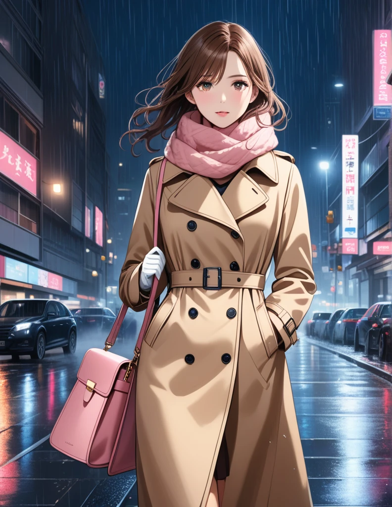 Masterpiece, hd, 1girl with long brown hair wearing a fully buttoned up closed and beige belted buckle knee-length trench coat with a tucked up large pink winter wool scarf and white gloves carrying her large pink purse blown by the hard wind at the hard rainy night city street full body 8k)