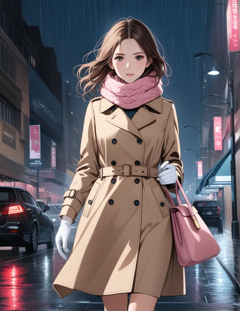 Masterpiece, hd, 1girl with long brown hair wearing a fully buttoned up closed and beige belted buckle knee-length trench coat with a tucked up large pink winter wool scarf and white gloves carrying her large pink purse blown by the hard wind at the hard rainy night city street full body 8k)
