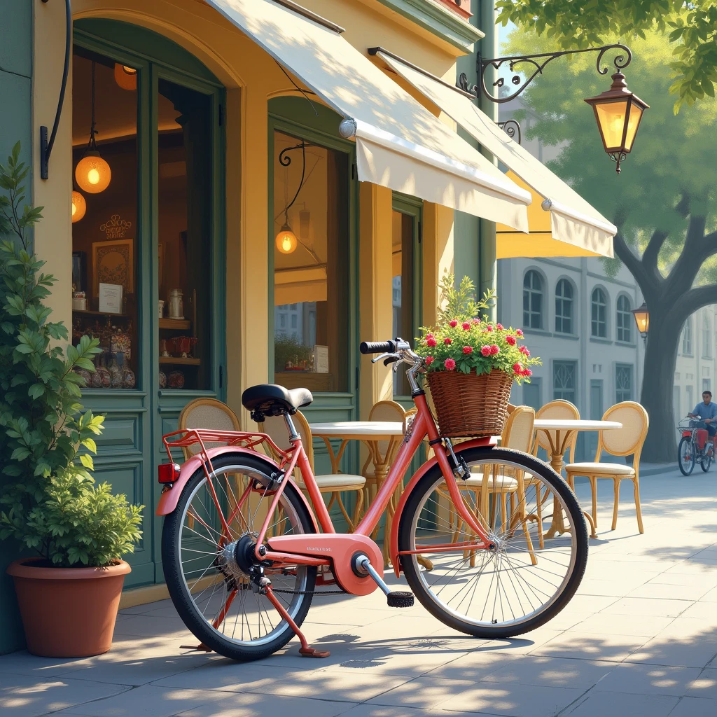 ( complete anatomy )masterpiece, beautifully, beautifully, Fresh and elegant aesthetic style airbrush digital oil painting delicate work creates a refreshing morning cafe scene photo,
Braun Classic Bicycle(Unique Style)特寫Braun Classic Bicycle( complete anatomy ) Parked elegantly on the street next to the cafe.coffee shop scene masterpiece, very detailed,
Actual Raw Photos, Best movie quality, super delicate texture, High quality work by a master