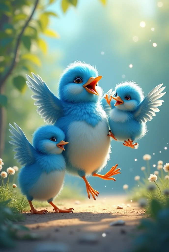Improvement in Health: After the treatment, the bird's blue two chicks gradually recover and become active. The bird and her chicks play joyfully, all glowing in blue.