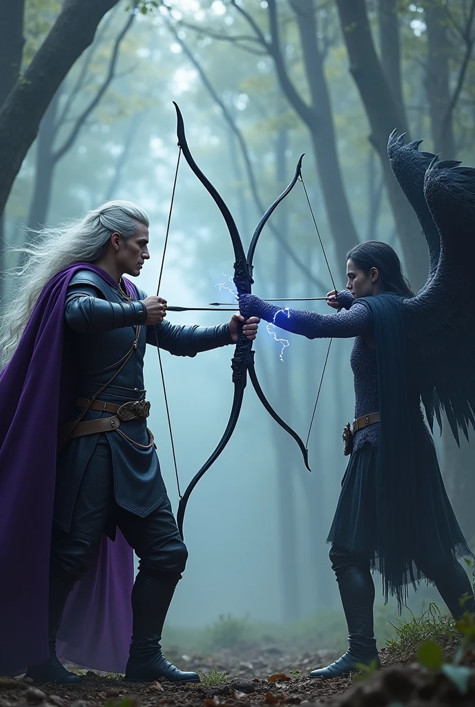 "A photorealistic battle scene in a misty forest. A male elven archer with long silver hair and deep purple leather armor, wielding a black bow, faces off against a fallen angel with jet-black wings. The elven man, tall and agile, stands poised to release an arrow crackling with lightning. His silver hair flows in the wind, contrasting with his determined expression. The fallen angel, shrouded in shadows, aims a bow made of darkness. Intense focus gleams in the elf's eyes, while the angel exudes a menacing aura. Ancient trees surrounding them are illuminated by the impending clash of light and shadow, setting a dramatic stage for their confrontation."