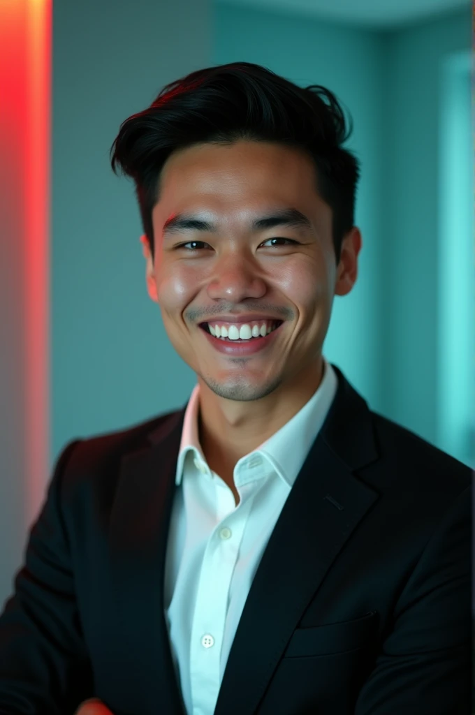 A young man with dark hair and a confident smile. He is dressed in a black blazer over a white shirt. The man is positioned against aqua colour backdrop with a subtle red lighting on the left side. and he posing for Linkedin profile