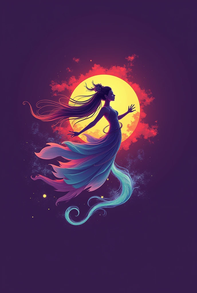 Create a dynamic logo showcasing the mythological charm of Nuwa flying, using a minimalist style and delicate lines.
Use purple as the primary background color, with yellow, blue, and red for details.
The lines should reflect Nuwa's elegance and power while flying.
Incorporate symbols related to Nuwa, such as dragon tails or mysterious clouds, to emphasize her mystique.