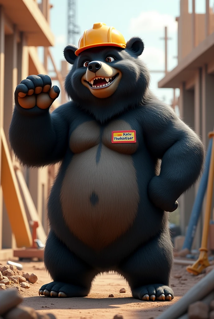 A happy black adult bear showing teeth and raising hand with attitude, as construction contractor , with name badge “Kalu Thekedaar”