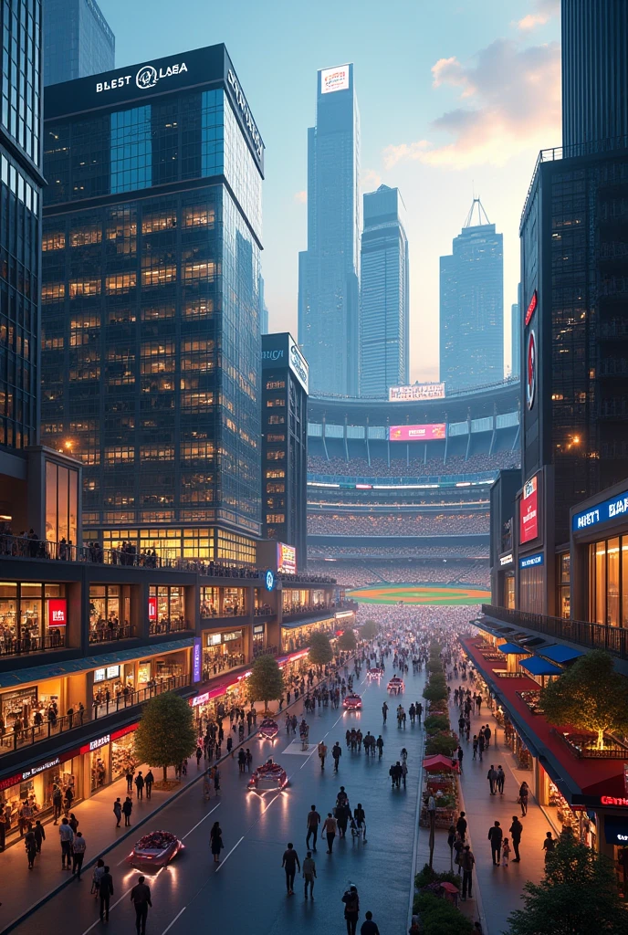 a modern city skyline, massive shopping mall, commercial district, baseball stadium, ultra-detailed, 8k, high quality, photorealistic, dramatic lighting, vivid colors, cinematic framing, wide angle lens, establishing shot, architectural elements, glass and steel structures, bustling crowds, street-level shops, neon signs, sports arena, scoreboard, players in action, sports fans, dynamic composition