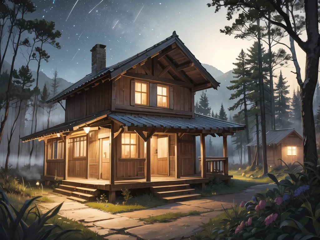 In the middle of the forest, at night, a hut