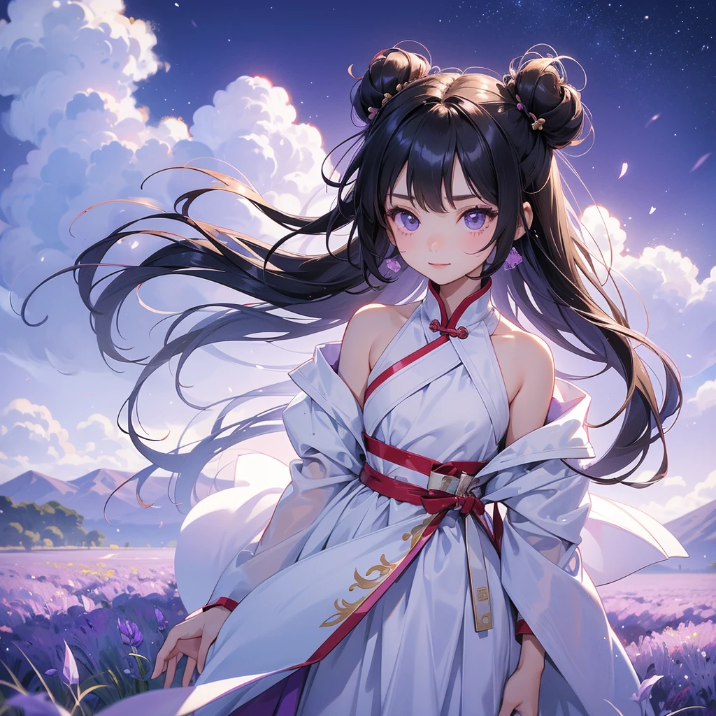 A chibi child girl had a small face and Wearing white little Taoist priest's outfit. A pair of big round eyes shone with curiosity about him. This child was so cute! ,her hair is black with two buns on her hair.small chibi, chibi baby, smiling,The little chibi baby looked up with his chest raised, and his face was old and proud.
Stroll among the purple lavender fields , There are some floating clouds.
