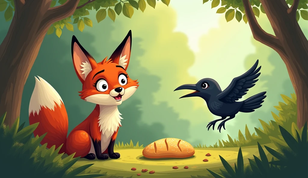 Surprise of the fox: The fox opens his eyes and is surprised to see that both the crow and the bread are missing.