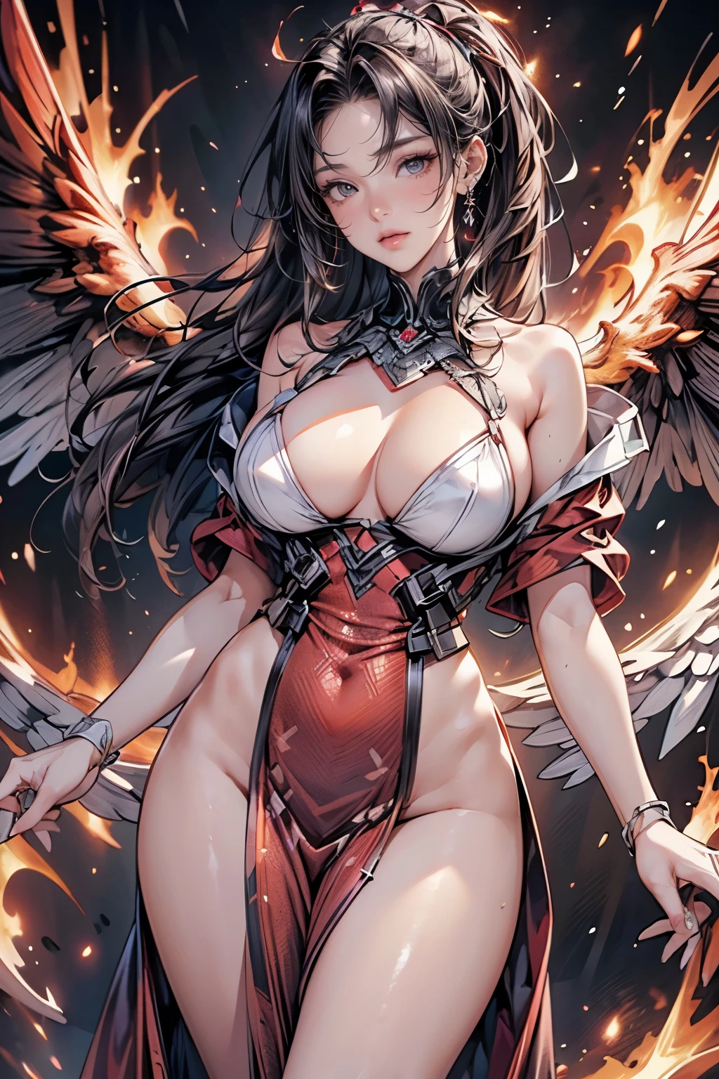 ((masterpiece, highest quality, Highest image quality, High resolution, photorealistic, Raw photo, 8K)), ((Extremely detailed CG unified 8k wallpaper)), (huge stunning goddess shot, very hot and sexy, jaw-dropping beauty, perfect proportions, beautiful body, slim body beauty:1.4), A beautiful phoenix empress, fiery red hair, gazing into the camera with shimmering eyes, surrounded by flames, fire sparks popping, huge wings of fire, wearing a red and gold dress made of flames,
