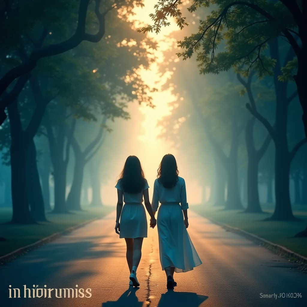 word "In happiness" It&#39;s written in large letters at the bottom of the screen, ((masterpiece, best quality, Best image quality, high resolution, realistic, RAW photos, 8k)), ((Highly detailed CG integrated 8k wallpaper)), Back view of two women walking while holding hands, A tree-lined street with sunlight streaming through the trees, The last scene of a romantic movie, Blue leaves and white light, A walk in the morning fog,