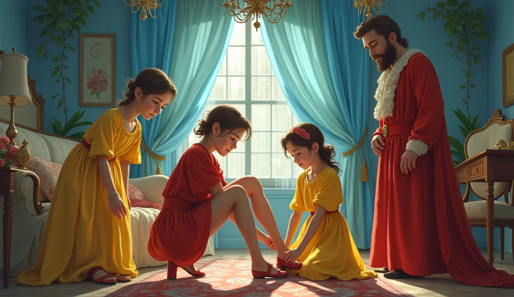 Two older girls, one in yellow and the other in red., The red-clad man is standing.,The man in yellow tried to put on his shoes while someone put them on for him.,Cinderella Blue Party, house background