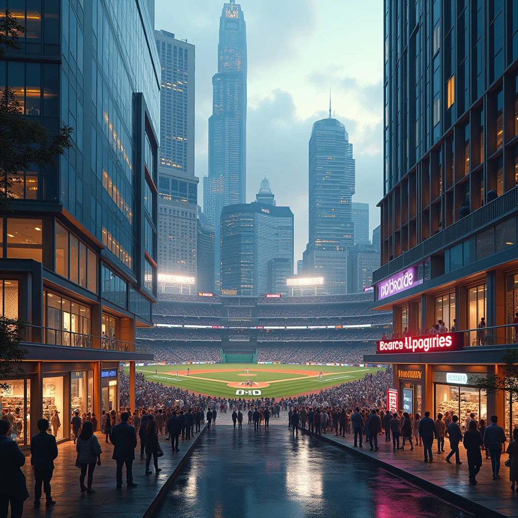 a modern city skyline, massive shopping mall, commercial district, baseball stadium, ultra-detailed, 8k, high quality, photorealistic, dramatic lighting, vivid colors, cinematic framing, wide angle lens, establishing shot, architectural elements, glass and steel structures, bustling crowds, street-level shops, neon signs, sports arena, scoreboard, players in action, sports fans, dynamic composition