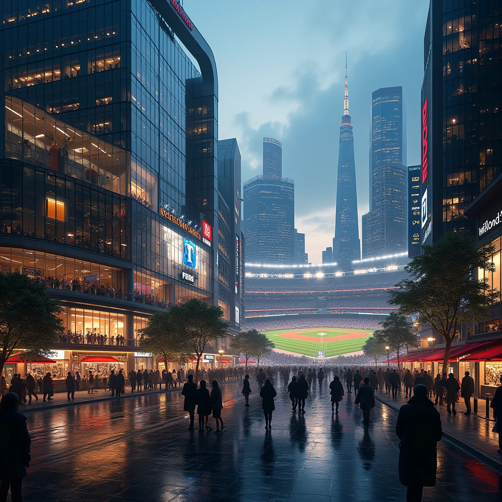 a modern city skyline, massive shopping mall, commercial district, baseball stadium, ultra-detailed, 8k, high quality, photorealistic, dramatic lighting, vivid colors, cinematic framing, wide angle lens, establishing shot, architectural elements, glass and steel structures, bustling crowds, street-level shops, neon signs, sports arena, scoreboard, players in action, sports fans, dynamic composition