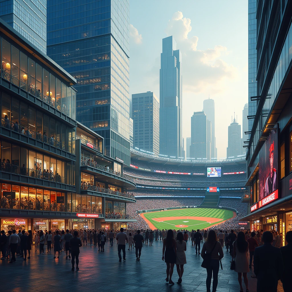 a modern city skyline, massive shopping mall, commercial district, baseball stadium, ultra-detailed, 8k, high quality, photorealistic, dramatic lighting, vivid colors, cinematic framing, wide angle lens, establishing shot, architectural elements, glass and steel structures, bustling crowds, street-level shops, neon signs, sports arena, scoreboard, players in action, sports fans, dynamic composition