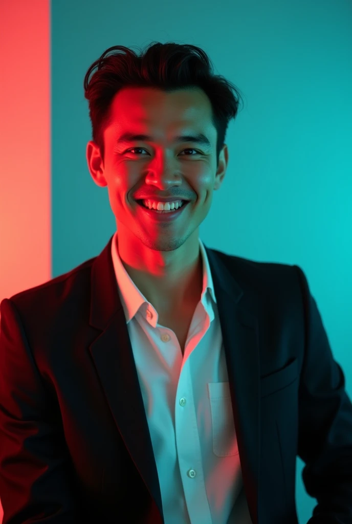A young man with dark hair and a confident smile. He is dressed in a black blazer over a white shirt. The man is positioned against aqua colour backdrop with a subtle red lighting on the left side. and he posing for Linkedin profile