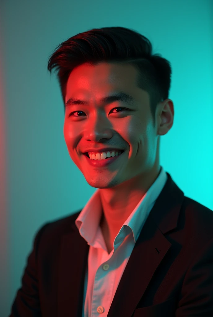 A young man with dark hair and a confident smile. He is dressed in a black blazer over a white shirt. The man is positioned against aqua colour backdrop with a subtle red lighting on the left side. and he posing for Linkedin profile