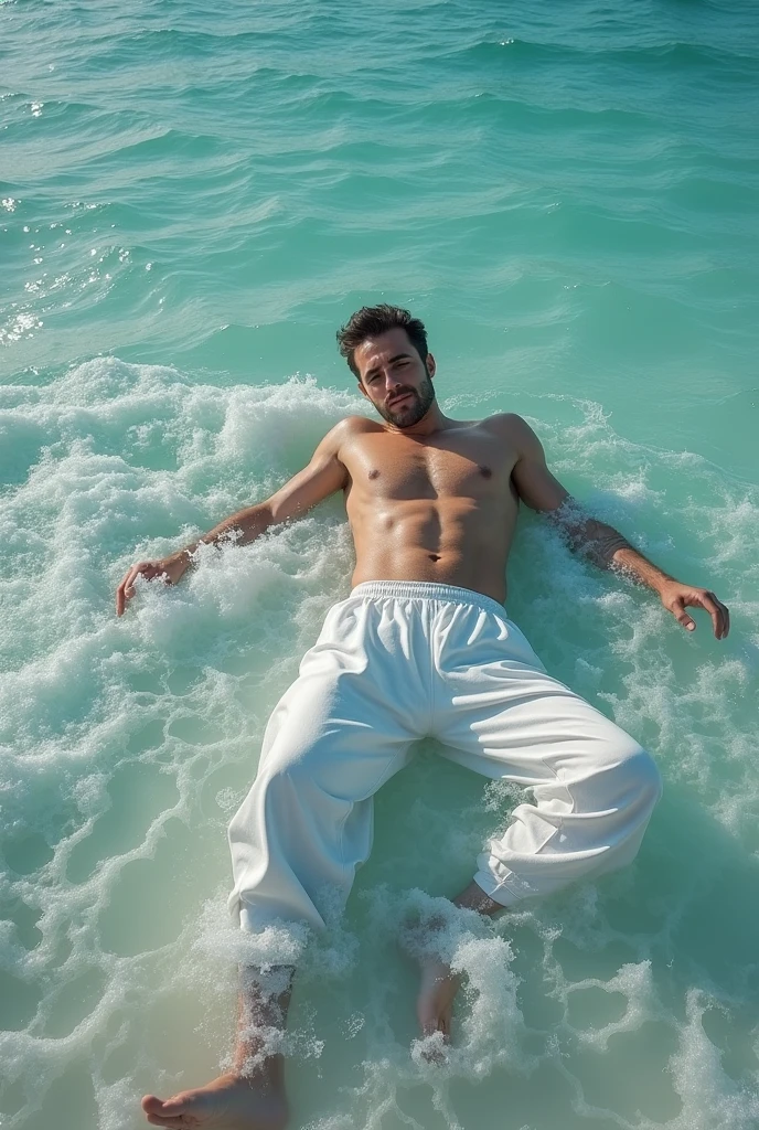 handsome men, lies down on a sea shore, half in water on middle of ocean, front view, high top drone angle, full body picture. His pants is made from the foam of the sea itself. The sea soft and detailed foam makes the lower part of his short pants, the foam and fabric merge perfectly, widely spread, becoming the beach itself as it goes close of the sea. The picture is intricate, photorealistic, and highly detailed.