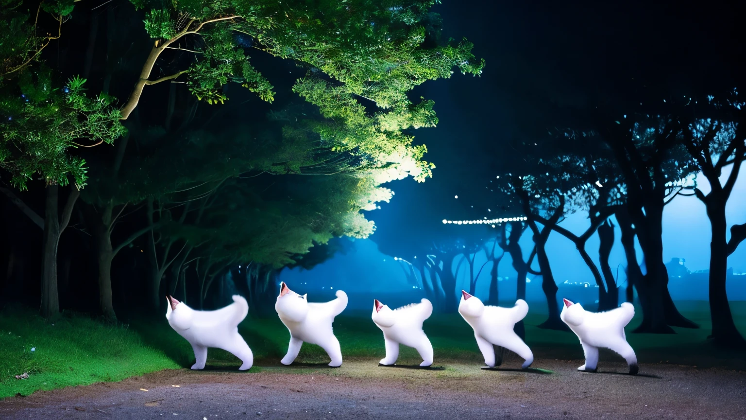 An Asian female, smile, 
Cat suits   , 
all fours, huge chests  , 
A serene forest where trees glow pale blue under the moonlight   ,
full body, from side