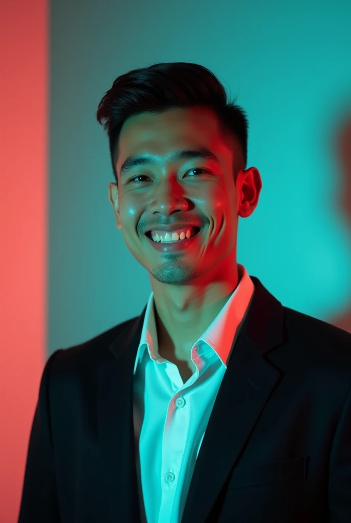 A young man with dark hair and a confident smile. He is dressed in a black blazer over a white shirt. The man is positioned against aqua colour backdrop with a subtle red lighting on the left side. and he posing for Linkedin profile