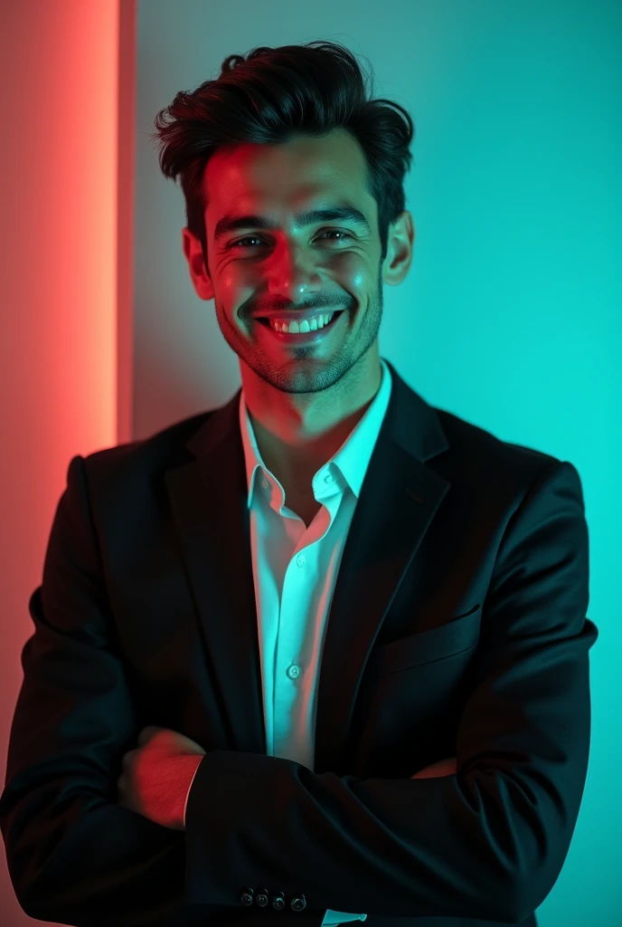 A young man with dark hair and a confident smile. He is dressed in a black blazer over a white shirt. The man is positioned against aqua colour backdrop with a subtle red lighting on the left side. and he posing for Linkedin profile