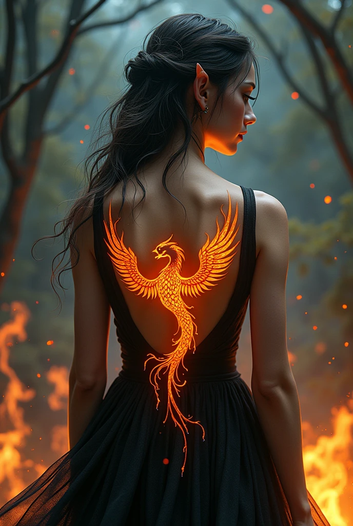 watercolor art, fantasy art, goth art, a picture of a tattoo on the back of a female elf, a glowing tattoo of a ((phoenix: 1.3)) on the elf's back, the ((phoenix tattoo)) is vivid, intricate detailed coming to life from the ink to real life, ((fire surrounds the phoenix: 1.5)), shoot taken from the back, ((the back is visible: 1.3), a most beautiful elf, exquisite beauty, small pointed ears, long hair,  she wears a transparent black dress, the dress is elegant, flowing, elven style, that the tattoos glow, dynamic hair color, dynamic hair style, cinematic light, High Detail, Ultra High Quality, High Resolution, 16K Resolution, Ultra HD Pictures, 3D rendering Ultra Realistic, Clear Details, Realistic Detail, Ultra High Definition,Comistyle, FireWorld