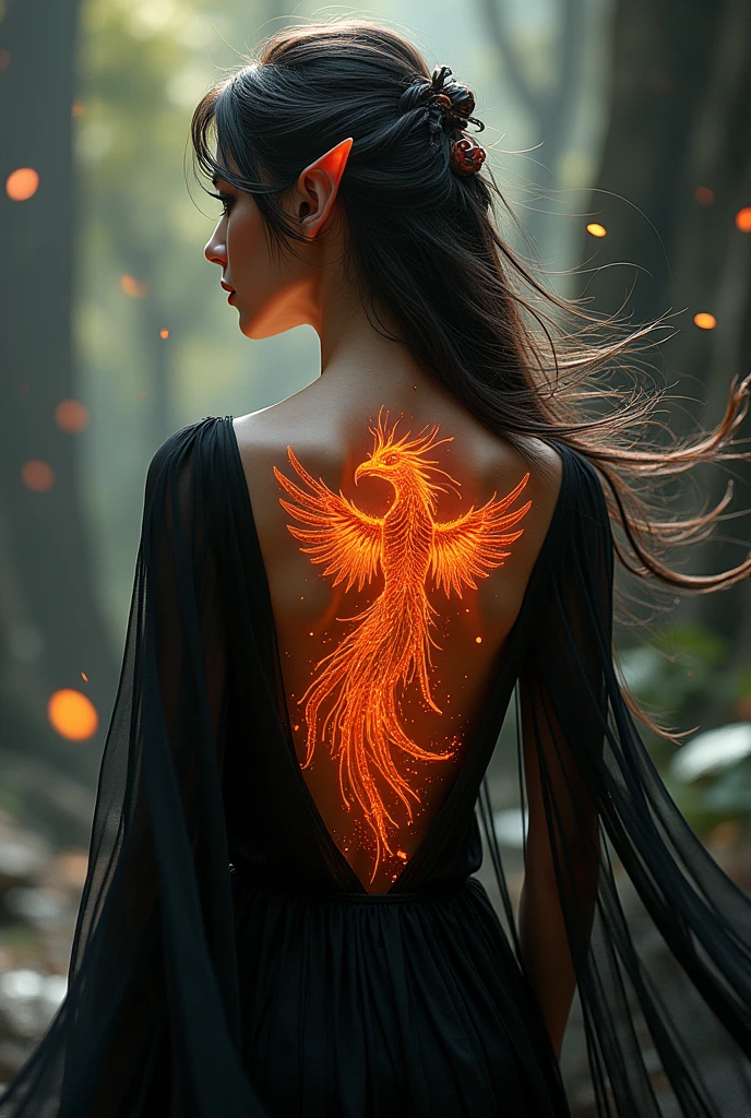 watercolor art, fantasy art, goth art, a picture of a tattoo on the back of a female elf, a glowing tattoo of a ((phoenix: 1.3)) on the elf's back, the ((phoenix tattoo)) is vivid, intricate detailed coming to life from the ink to real life, ((fire surrounds the phoenix: 1.5)), shoot taken from the back, ((the back is visible: 1.3), a most beautiful elf, exquisite beauty, small pointed ears, long hair, she wears a transparent black dress, the dress is elegant, flowing, elven style, that the tattoos glow, dynamic hair color, dynamic hair style, cinematic light, High Detail, Ultra High Quality, High Resolution, 16K Resolution, Ultra HD Pictures, 3D rendering Ultra Realistic, Clear Details, Realistic Detail, Ultra High Definition,Comistyle, FireWorld