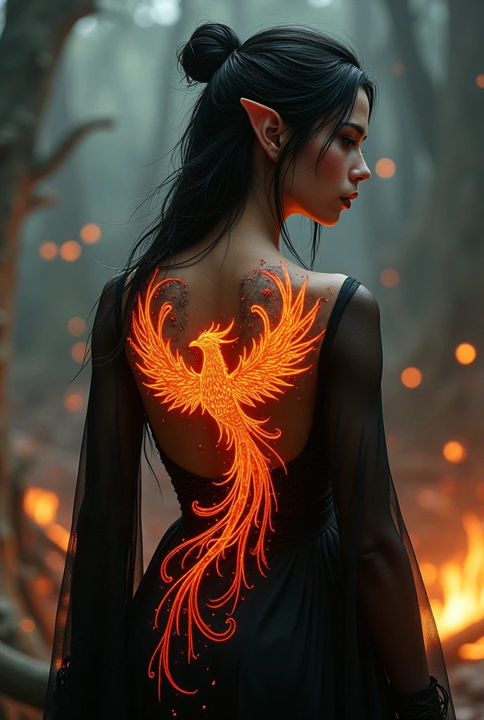 watercolor art, fantasy art, goth art, a picture of a tattoo on the back of a female elf, a glowing tattoo of a ((phoenix: 1.3)) on the elf's back, the ((phoenix tattoo)) is vivid, intricate detailed coming to life from the ink to real life, ((fire surrounds the phoenix: 1.5)), shoot taken from the back, ((the back is visible: 1.3), a most beautiful elf, exquisite beauty, small pointed ears, long hair,  she wears a transparent black dress, the dress is elegant, flowing, elven style, that the tattoos glow, dynamic hair color, dynamic hair style, cinematic light, High Detail, Ultra High Quality, High Resolution, 16K Resolution, Ultra HD Pictures, 3D rendering Ultra Realistic, Clear Details, Realistic Detail, Ultra High Definition,Comistyle, FireWorld