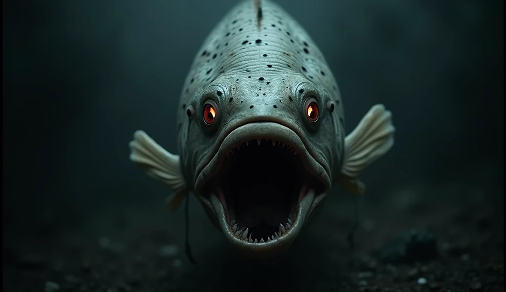 There is a shadow、Fish salmon、Fish salmonの体に黒くて細かい斑点がある、Horror、Fish salmonの目は赤く光っている、Fish salmonは正面を向いている、Fish salmonは大きく口を開けている、Digital Art