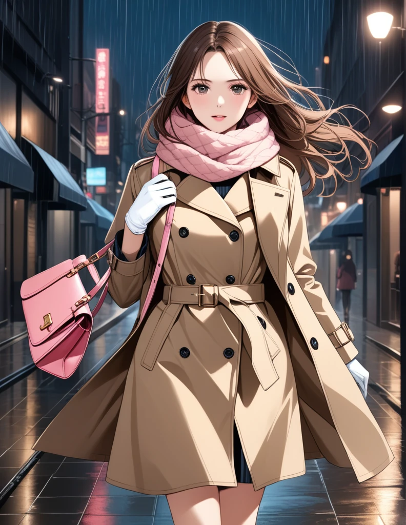 Masterpiece, hd, 1girl with long brown hair wearing a fully buttoned up closed and beige belted buckle knee-length trench coat with a tucked up large pink winter wool scarf and white gloves carrying her large pink purse blown by the hard wind at the hard rainy night city street full body 8k)