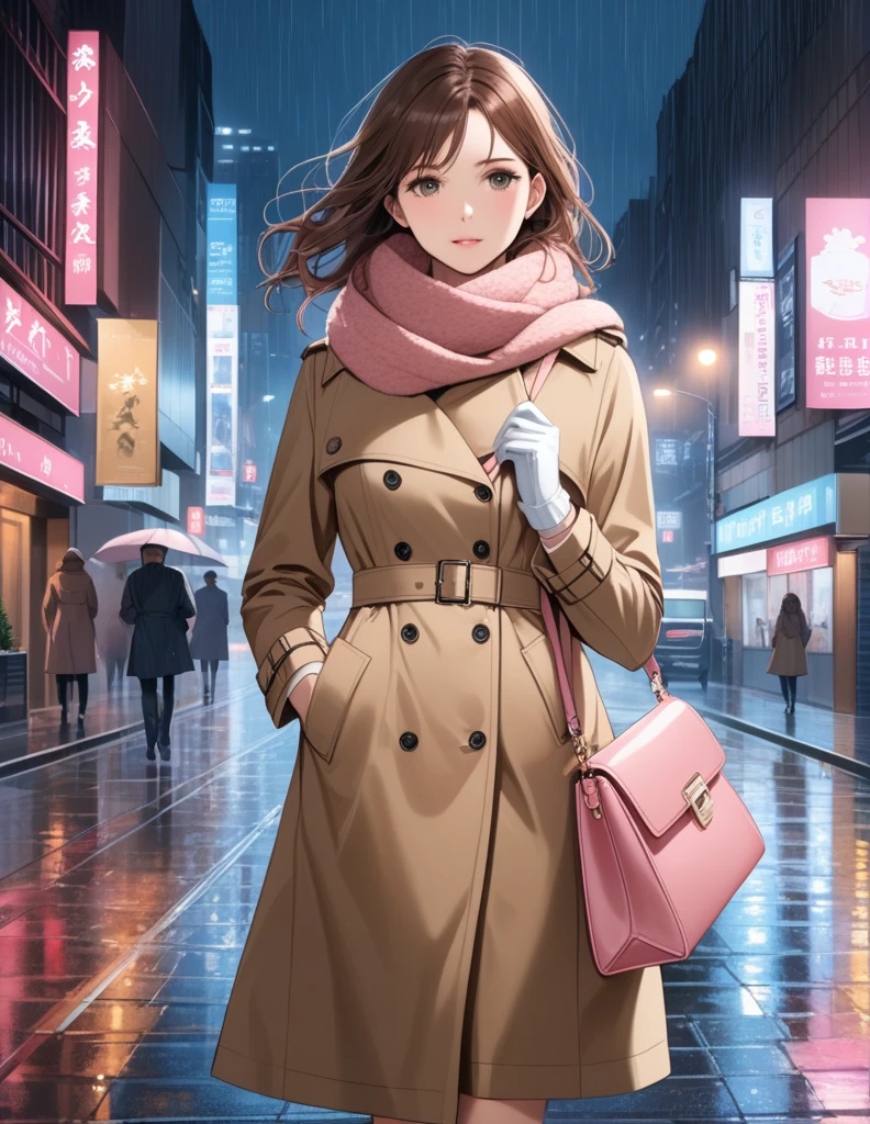 Masterpiece, hd, 1girl with long brown hair wearing a fully buttoned up closed and beige belted buckle knee-length trench coat with a tucked up large pink winter wool scarf and white gloves carrying her large pink purse blown by the hard wind at the hard rainy night city street full body 8k)