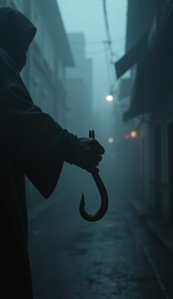 A dark, foggy street with the faint outline of a man holding a gleaming hook, partially obscured by shadows