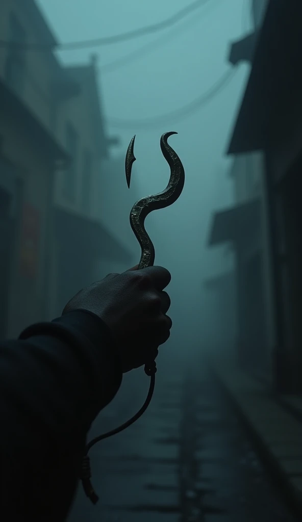 A dark, foggy street with the faint outline of a man holding a gleaming hook, partially obscured by shadows
