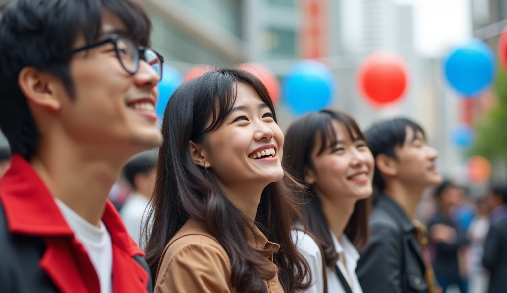 A group of fashionably dressed Japanese male and female college students are gazing into the distance with cheerful expressions in a square,Excited, Photo of your face, Blue and red balloons floating in the background, with a natural look, With a slightly tired look, tilt your face a little, Diagonal orientation, Average face