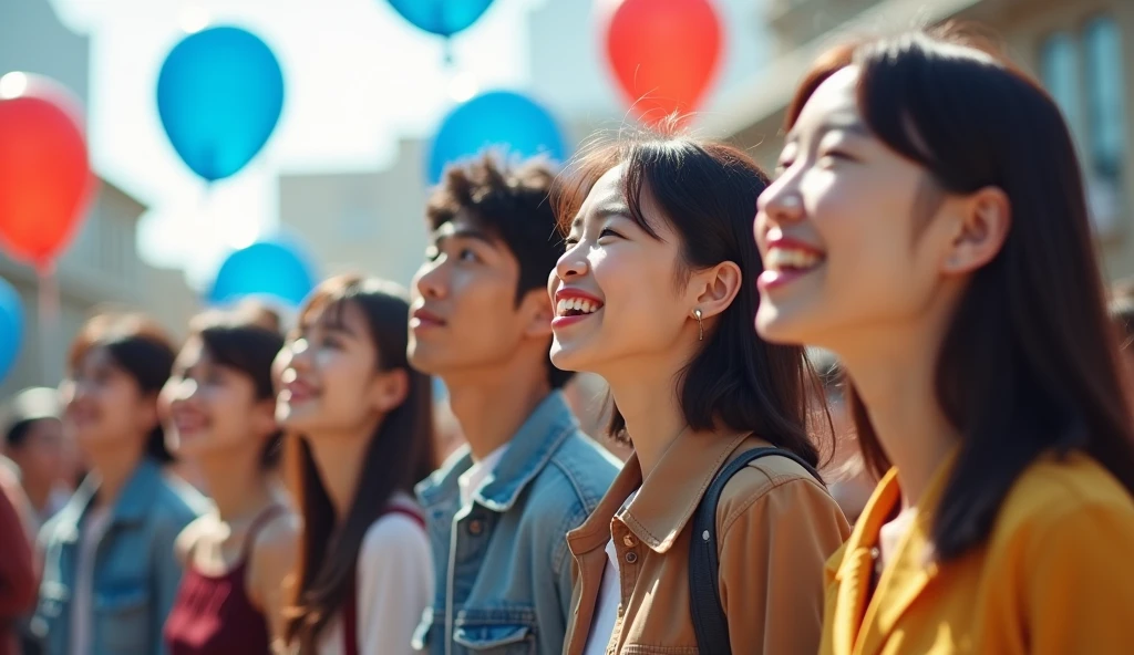 A group of fashionably dressed Japanese male and female college students are gazing into the distance with cheerful expressions in a square,Excited, Photo of your face, Blue and red balloons floating in the background, with a natural look, With a slightly tired look, tilt your face a little, Diagonal orientation, Average face