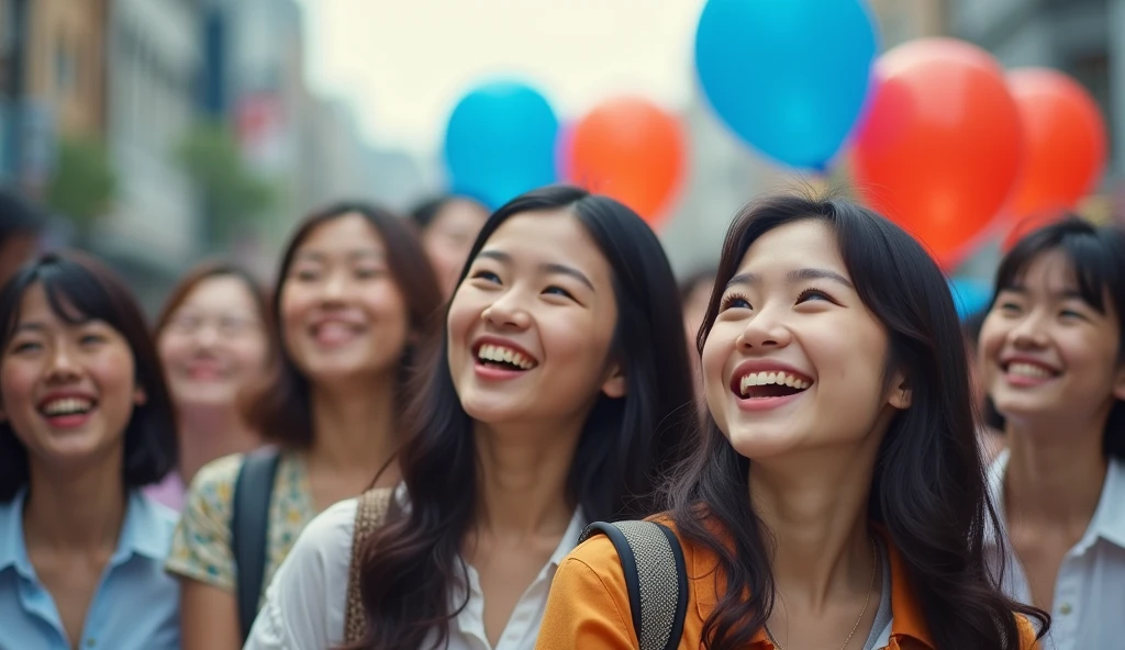 A group of fashionably dressed Japanese male and female college students are gazing into the distance with cheerful expressions in a square,Excited, Photo of your face, Blue and red balloons floating in the background, with a natural look, With a slightly tired look, tilt your face a little, Diagonal orientation, Average face