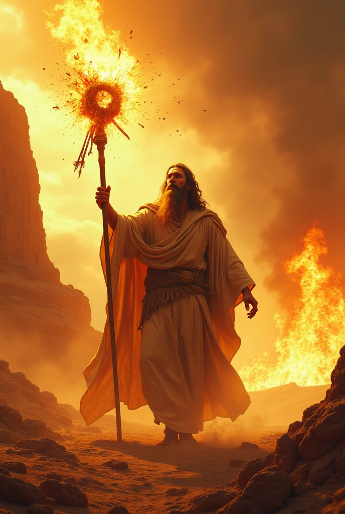 (photorealism:1.2), Moses, destroying the gold calf in the desert, with fire,
