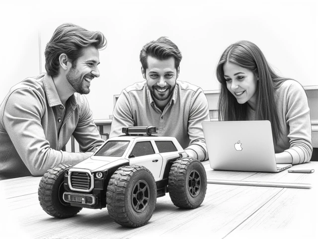 1 man, 2 women, MacBook, Arduino self-driving car, happy expression, Natural and Difficult Classroom Background, Pencil sketch