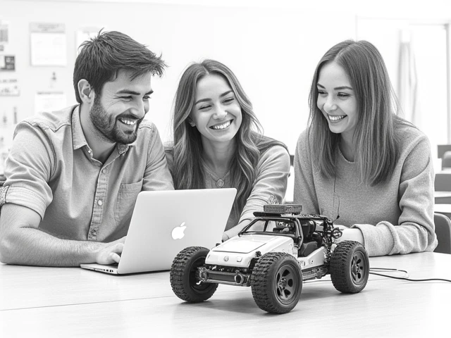 1 man, 2 women, MacBook, Arduino self-driving car, happy expression, Natural and Difficult Classroom Background, Pencil sketch
