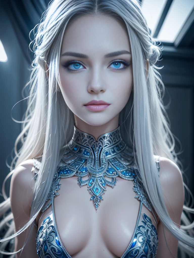 8k, (full body shot:1.4), 20-year-old Swedish girl, raw, Beautiful woman, (straight gray hair), Crystal-encrusted girl, sexy poses, The white skin is inlaid with transparent crystal, ((lens)), The structure is made of crystals, Hourglass body, intricate, beautifull face, elegant, highly detailed, digital hyperrealistic photography, hyperrealistic photography filigree, shyness, most beautyfull face, (masterpiece, sidelighting, (finely detailed beautifull blue eyes: 1.2)),