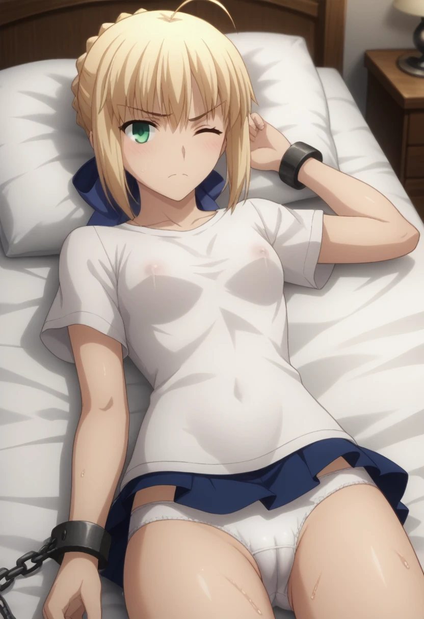 score_9, score_8_up, score_7_up, source_anime, rating_safe, intricate details, anime screencap, official style, looking at viewer, , ,            
1girl, saber \(fate\), blonde hair, green eyes, wince, frown, orgasm, ahoge, hair between eyes, braid hair, hair bow, solo, nsfw ,shackles, (Striped Glitter,Seraphic ,Hexagram ,Supersolid,Quantum entanglement,Self-healing Concrete,Acrylic Convection,Vibration,Mesmerizing,Enigmatic,Dodecahedron magic:1.0), fsn_ubw_style,  (lie on back) ,                                                                                                                                                                                                        alone, Dutch Angle, View your viewers, (detailed torn white T shirt) ,Cowboy Shot,, in beautiful bed, bed room , (wet white panties), cameltoe, blush,  small breast, nipples,                                                                                                 