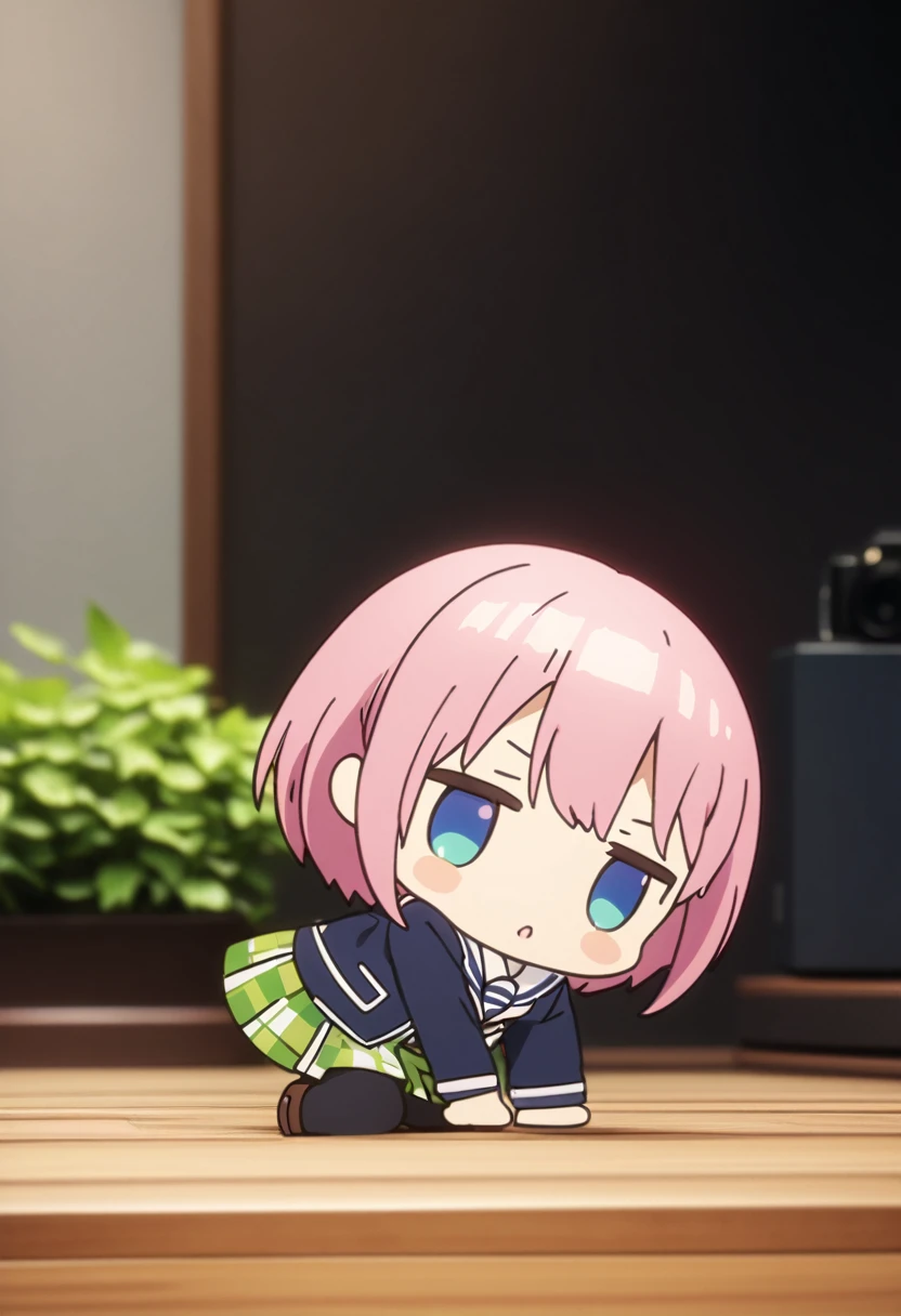 (Highest quality, 4K, 8k, High resolution, masterpiece:1.2), Very detailed, Picturesque, Animated Photography, Photo Animation:1.37)、Japanese schoolgirl、(Pink Hair)、(short hair)、(chibi:1.4),white shirt、Yellow-green checkered skirt,(high scool uniform:1.2)、navy blue jacket、bending over、Full body photography、Nakano ichika

