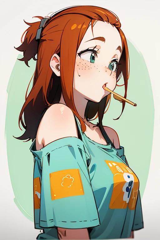 chubby woman, ginger long hair, bangs pinned back, freckles, lick lollipop, curious expression, oversized tshirt, cute print, bare shoulders, front view